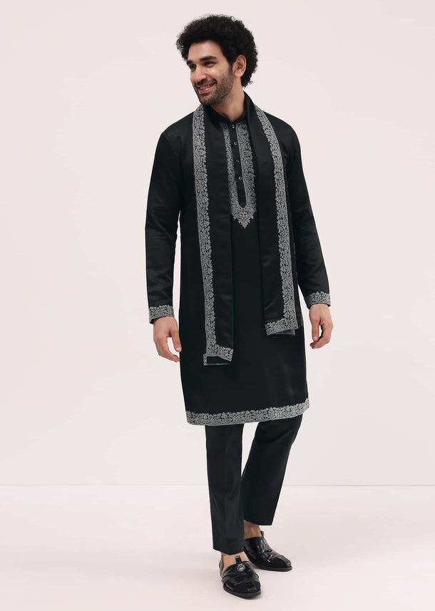 Black Kurta Set In Resham Work With Dupatta For Men