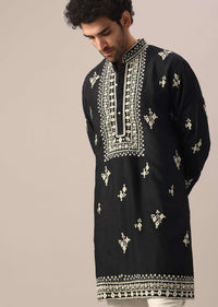 Black Kurta Set In Silk With Embroidered Work