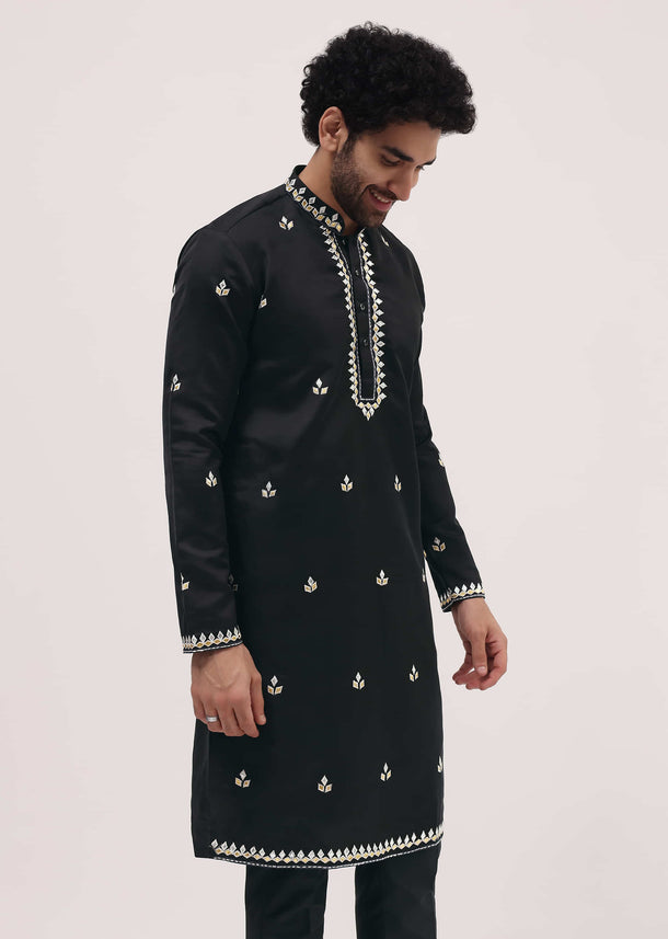 Black Kurta Set With Abla Work For Men