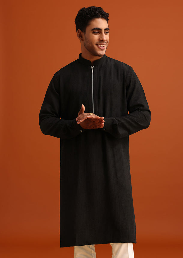 Black Kurta Set With Zipper Closure