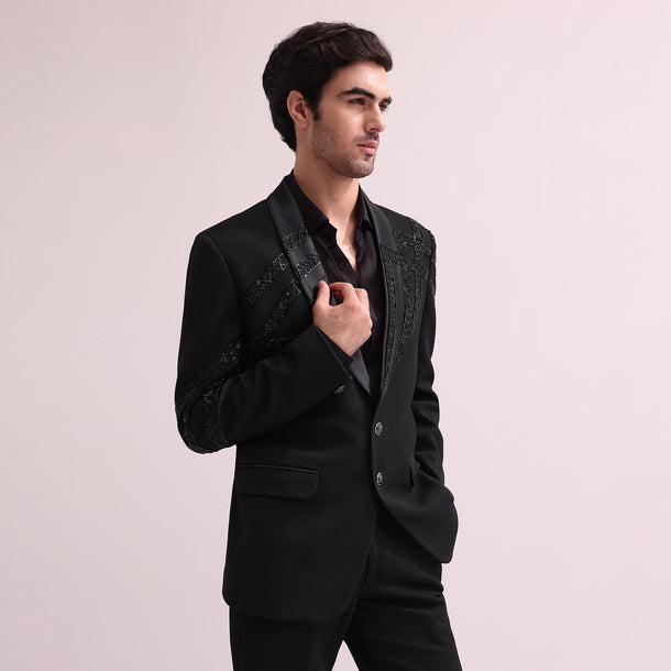 Black Lapel Hand Embroidered Tuxedo With Shirt And Pants