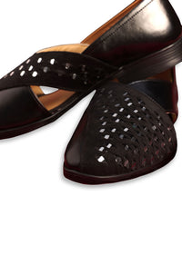 Black Leather And Velvet Jutti With Mirror Work