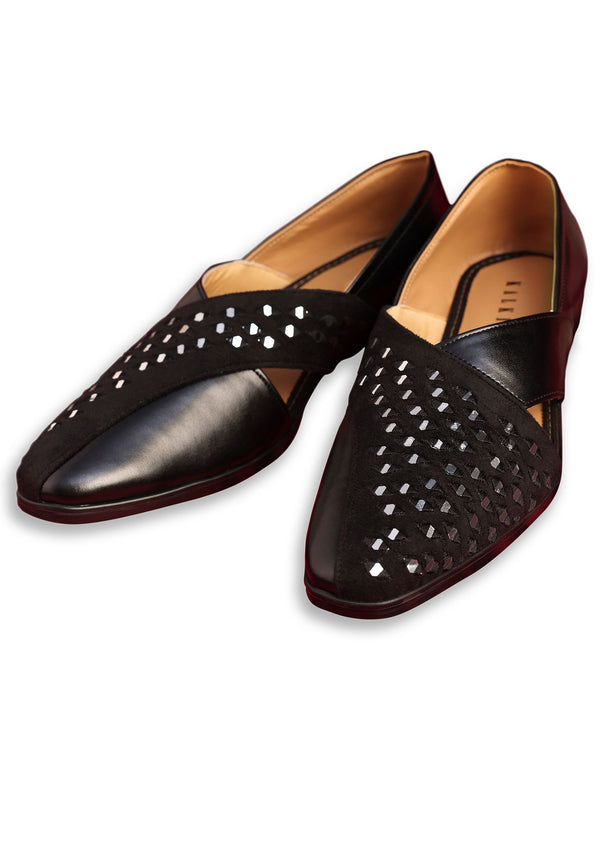 Black Leather And Velvet Jutti With Mirror Work
