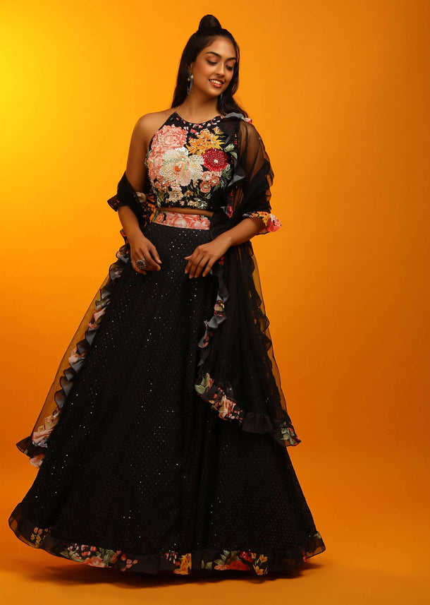 Black Lehenga And Halter Neck Crop Top With Resham Jaal, Multi Colored Beads Work And Floral Printed Frill