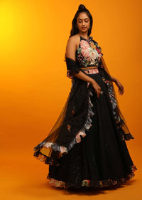 Black Lehenga And Halter Neck Crop Top With Resham Jaal, Multi Colored Beads Work And Floral Printed Frill