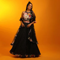 Black Lehenga And Halter Neck Crop Top With Resham Jaal, Multi Colored Beads Work And Floral Printed Frill