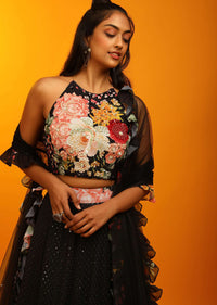 Black Lehenga And Halter Neck Crop Top With Resham Jaal, Multi Colored Beads Work And Floral Printed Frill