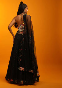 Black Lehenga And Halter Neck Crop Top With Resham Jaal, Multi Colored Beads Work And Floral Printed Frill