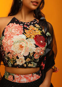 Black Lehenga And Halter Neck Crop Top With Resham Jaal, Multi Colored Beads Work And Floral Printed Frill