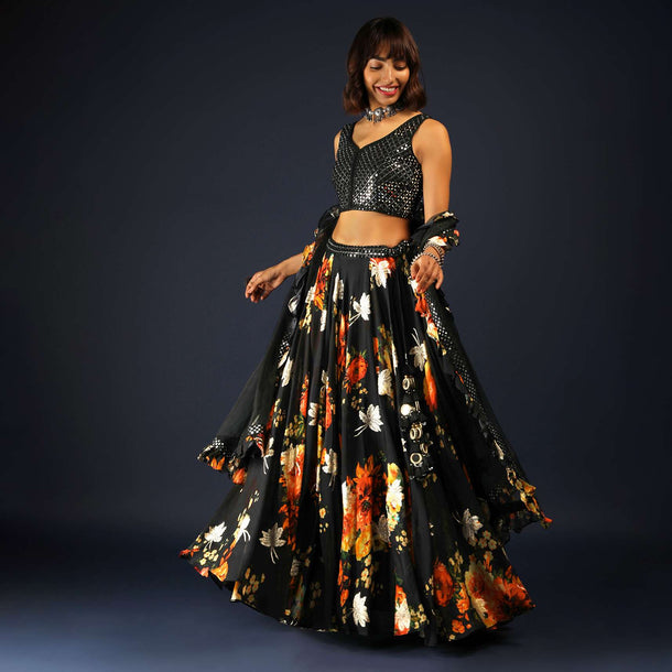 Black Lehenga Choli In Georgette With Floral Print, Woven Motifs And Mirror Abla Embroidery