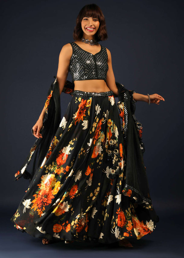 Black Lehenga Choli In Georgette With Floral Print, Woven Motifs And Mirror Abla Embroidery