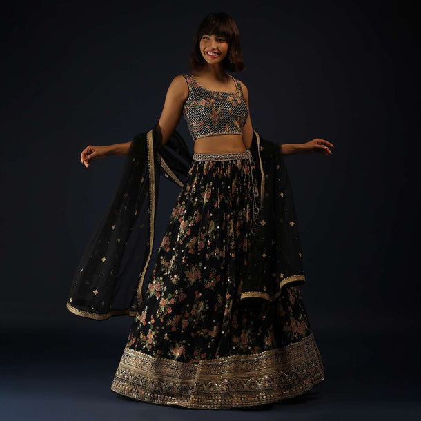 Black Lehenga Choli In Georgette With Floral Print And Zari Embroidery Online - Kalki Fashion