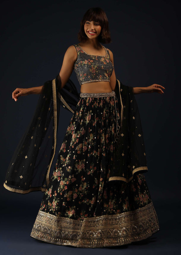 Black Lehenga Choli In Georgette With Floral Print And Zari Embroidery Online - Kalki Fashion