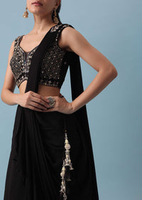 Black Lehenga Set with Attached Dupatta And Mirror Work