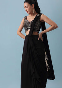 Black Lehenga Set with Attached Dupatta And Mirror Work