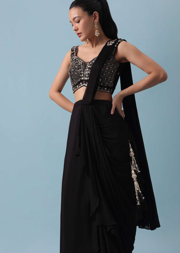 Black Lehenga Set with Attached Dupatta And Mirror Work