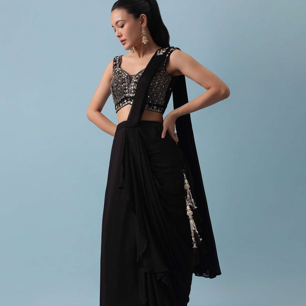 Black Lehenga Set with Attached Dupatta And Mirror Work