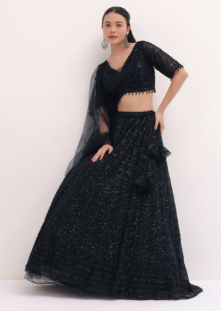 Black Lehenga With Embroidered Choli And Dupatta