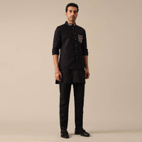 Black Linen Jacket And Kurta Set