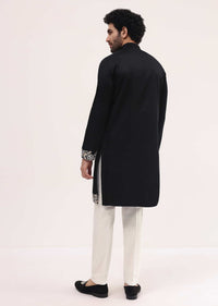 Black Linen Kurta Set With Resham Work For Men