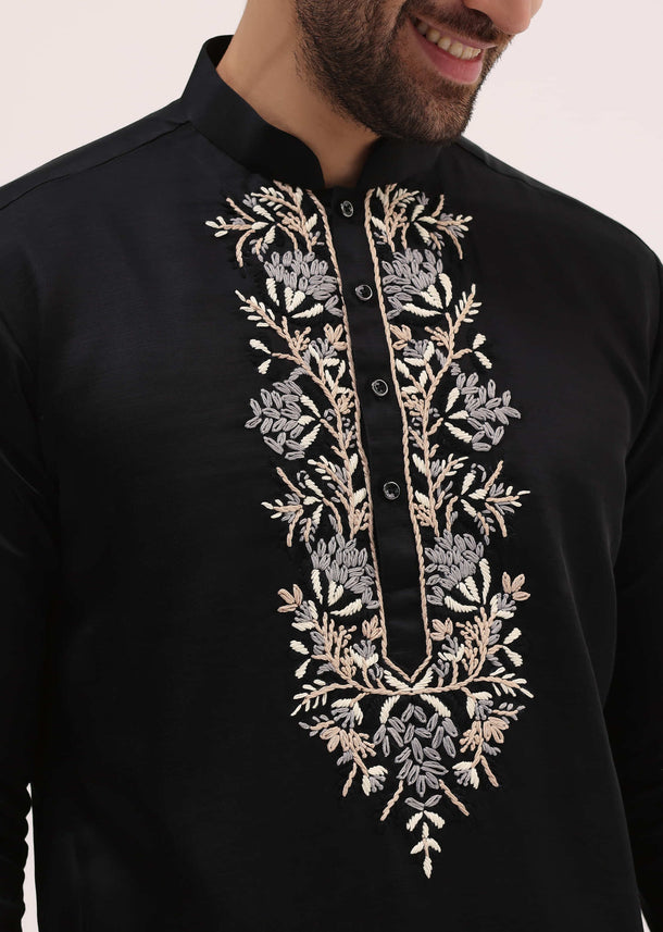 Black Linen Kurta Set With Resham Work For Men