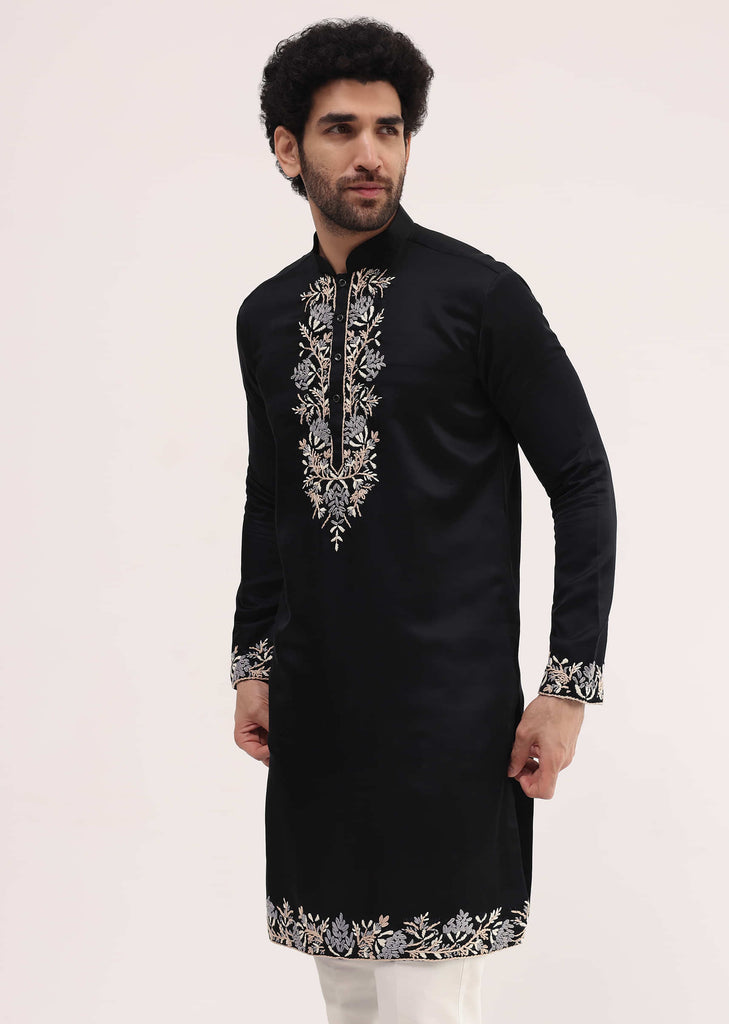 Black Linen Kurta Set With Resham Work For Men
