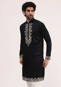 Black Linen Kurta Set With Resham Work For Men