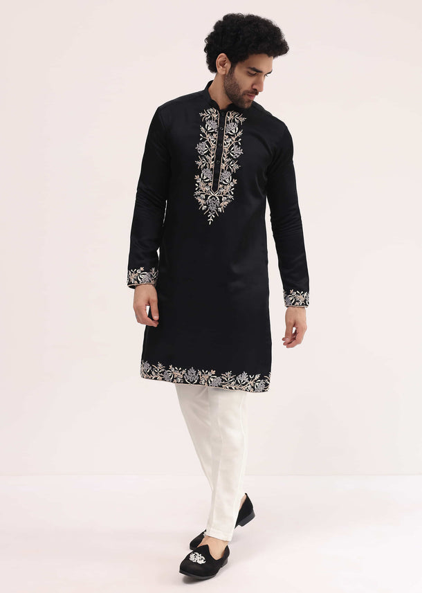 Black Linen Kurta Set With Resham Work For Men