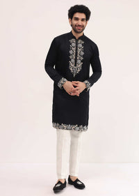 Black Linen Kurta Set With Resham Work For Men