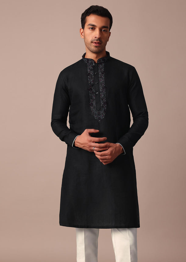 Black Linen Kurta With Resham Yoke