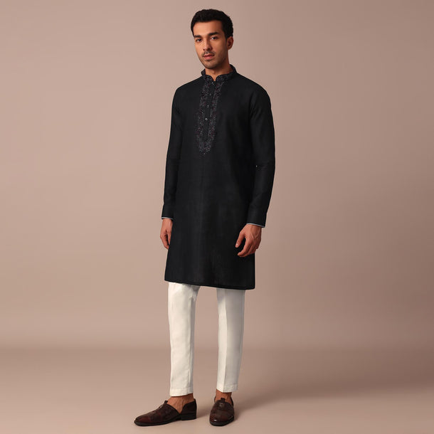 Black Linen Kurta With Resham Yoke