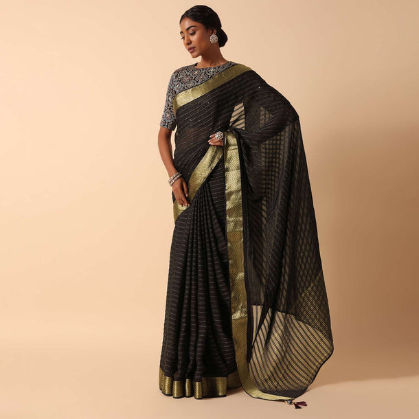 Black Linen Saree With Readymade Stitched Blouse