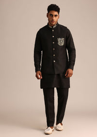 Black Linen Zardosi Embroidered Jacket Kurta Set