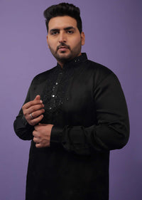 Black Lucknowi Embroidered Kurta In Mini Silk