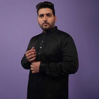 Black Lucknowi Embroidered Kurta In Mini Silk