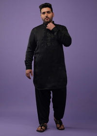 Black Lucknowi Embroidered Kurta In Mini Silk