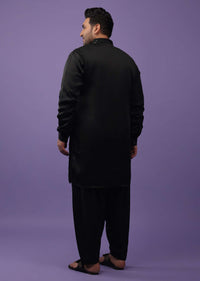 Black Lucknowi Embroidered Kurta In Mini Silk