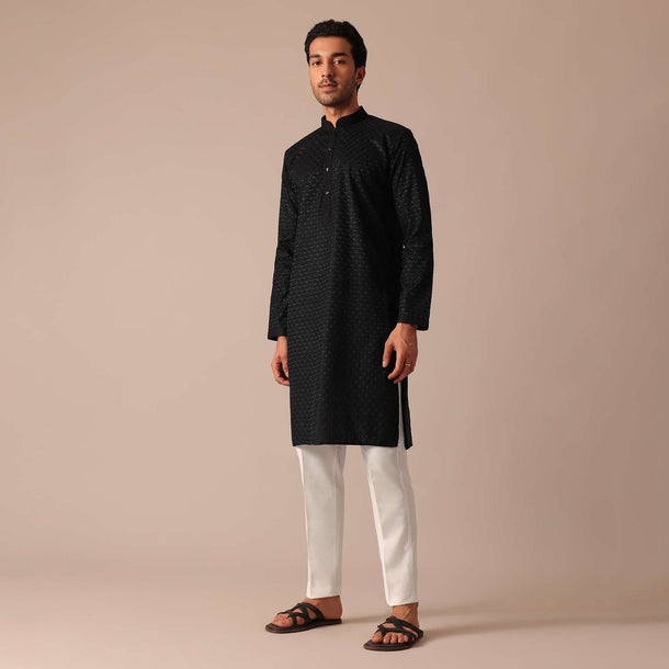 Black Lucknowi Kurta And Pant Set