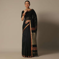 Black Maheshwari Chanderi Silk Saree With Jute Woven Pallu