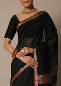 Black Maheshwari Chanderi Silk Saree With Jute Woven Pallu