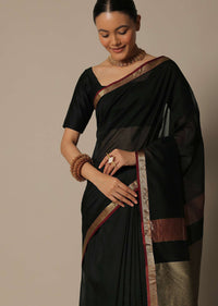 Black Maheshwari Chanderi Silk Saree With Jute Woven Pallu