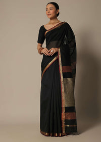 Black Maheshwari Chanderi Silk Saree With Jute Woven Pallu