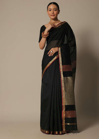 Black Maheshwari Chanderi Silk Saree With Jute Woven Pallu