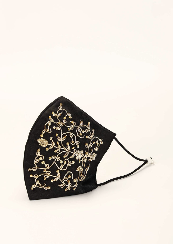Black Mask In Satin Silk With Moti And Zardosi Embroidered Design All Over