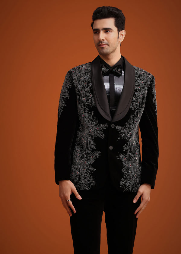 Black Micro Velvet Cutdana Embellished Tuxedo Set