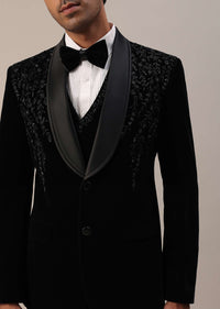 Black Micro Velvet Tuxedo Set With Cut Work Detailing