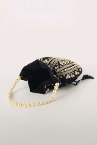 Black Mirror Work Silk Potli With Pearl Handle