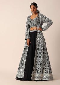 Black Mirror Embellished Jacket And Organza Lehenga Set