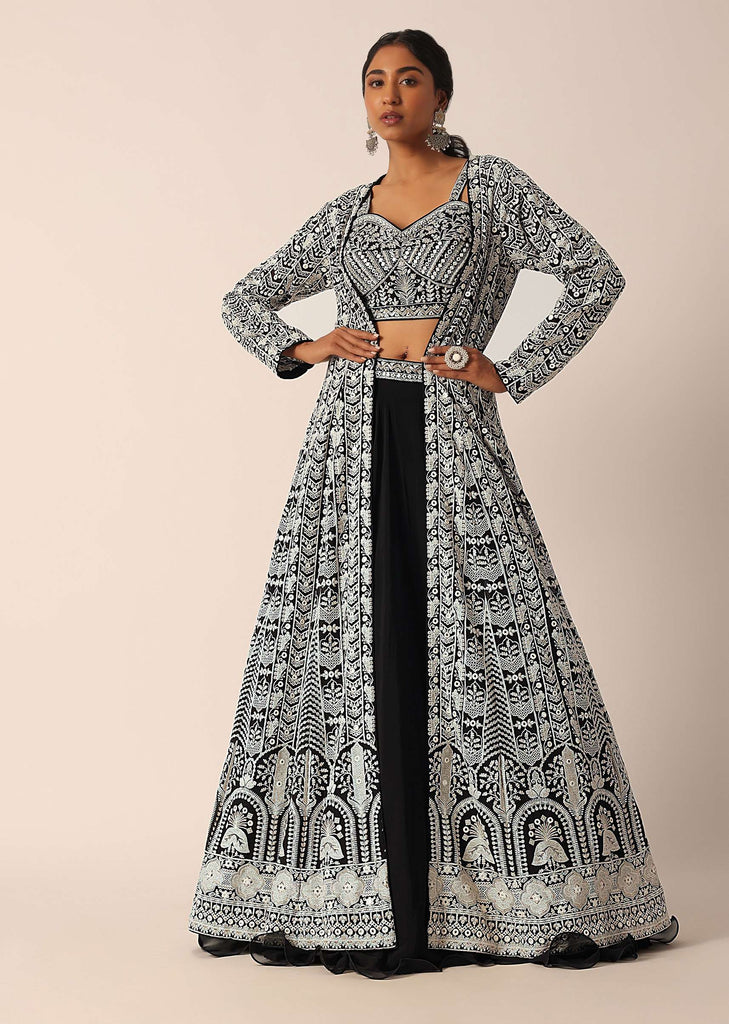 Black Mirror Embellished Jacket And Organza Lehenga Set