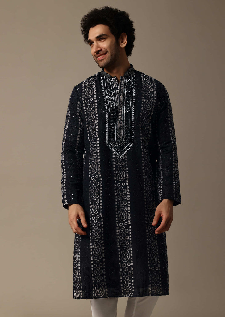 Black Mirror Work Silk Kurta Set For Men